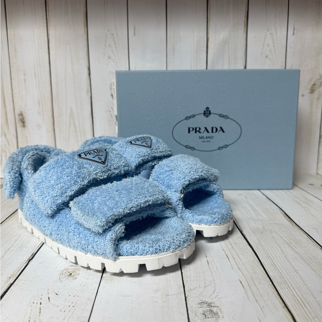 Prada Terry Cloth Triangle Logo Double Strap Slingback Sandals Blue Sz 38 / 8
